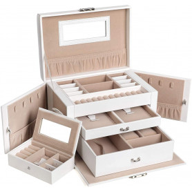 Låsbar Smyckeskrin vit skinn med extra bärbar förvaring