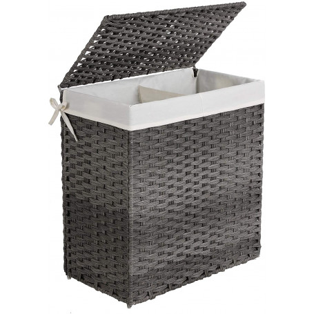 Tvättkorg 2 fack 110L med avtagbart tvättbart tygpåse 57 x 33 x 60 cm Grå