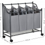 Tvättkorg - Tvättvagn med 4 avtagbara tygpåsar 4 x 35L, Grå