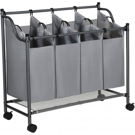 Tvättkorg - Tvättvagn med 4 avtagbara tygpåsar 4 x 35L, Grå