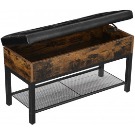 Sittbänk med förvaringskista, skohylla, skinn dyna Vintage brun-sva...