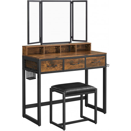 Sminkbord Industriell Vintage Brun med Tredelad Spegel, 3 Lådor, Pall