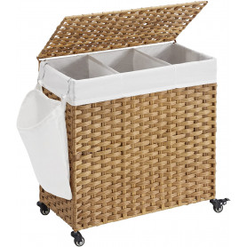 Tvättkorg med 3 fack 140 L med Hjul, lock och handtag 66 x 33 x 60 cm