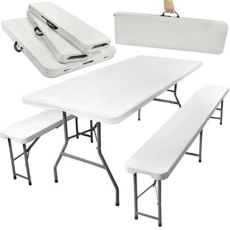 Hopfällbart Campingbord med bänkar 180 cm Bärbart resväskor trädgårdsbord + 2 bänkar - Vit