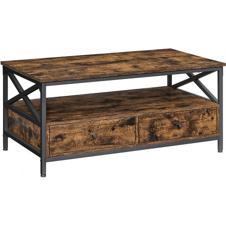 Soffbord med 2 lådor och öppen Förvaringshylla, X-formad - 100 x 55 x 45 cm