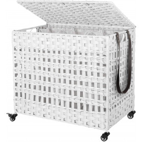 Rullbar Tvättkorg 3 Avtagbara Fack - Vit Rotting Stil 66 x 35 x 60,...