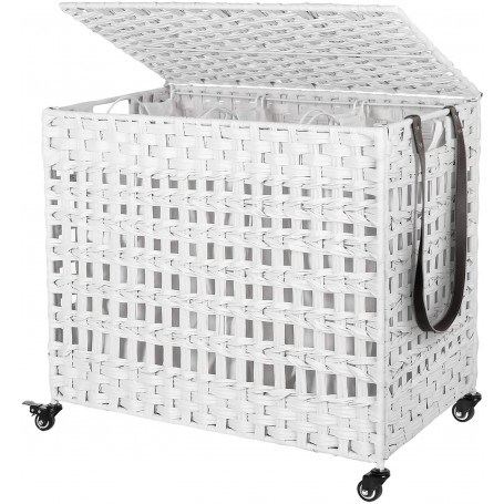 Rullbar Tvättkorg 3 Avtagbara Fack - Vit Rotting Stil 66 x 35 x 60,5 cm
