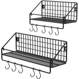 Vägghyllor i metall 2 set med krokar, 30 - 40 cm, Industriell stil