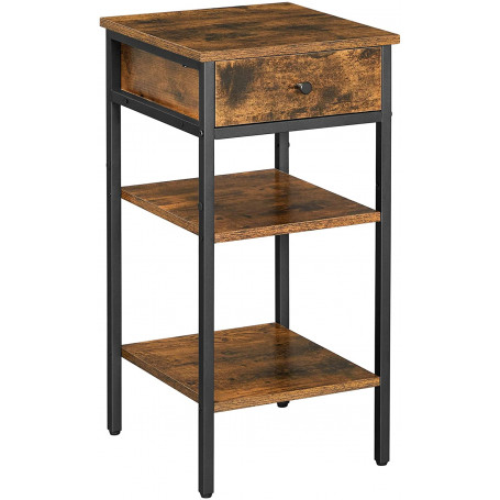 Högt Sidobord / Sängbord Med Låda, 2 Hyllor Industriell Stil Vintage brun-svart