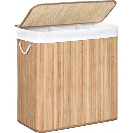 Tvättkorg i Bambu 150L - 3 Fack, Tvättbar Påse, Lock - Naturlig