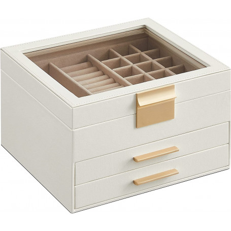 Smyckeskrin Med Glaslock, 3-lagers 23,1x20,3x13,5 cm Läder Vit