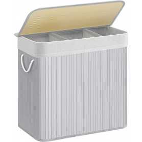 Tvättkorg i Bambu 150L med 3 Fack, Avtagbar Påse, Lock - Grå