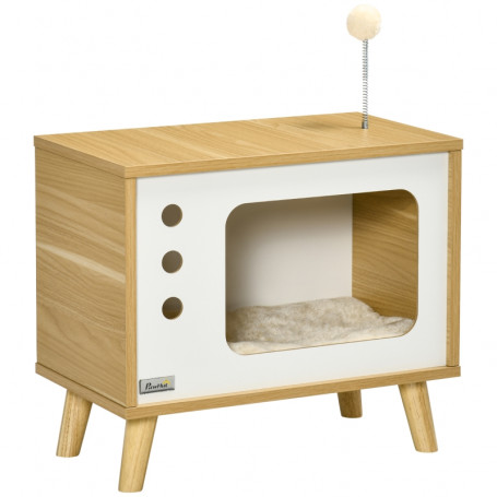 Katthus TV Formad - Kattsäng med Leksak, Tvättbar Kudde 50 x 28 x 43 cm
