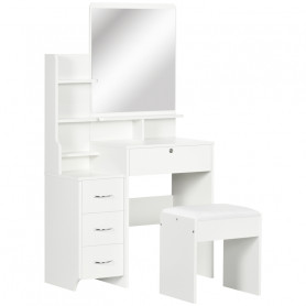 Sminkbord med Pall, 4 Lådor ,Spegel - Vit