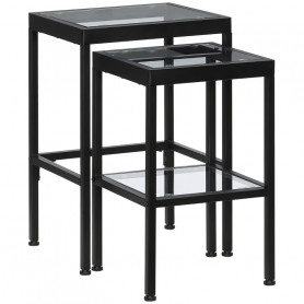 Satsbord, 2x Sidobord med Glasskiva - Metall Svart