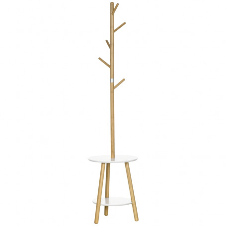 Tamburmajor med Sidobord, 5 Klädkrokar, 39,5 x 39,5 x 171 cm, natur + vit