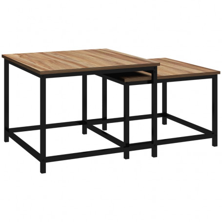 Soffbord Set x2 - sidobord Industriell Trä Skiva med Stålram Svart/Brun