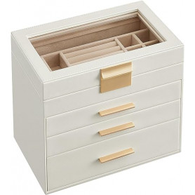Smyckeskrin 4 Skikt med Glaslock - Vit 15,3 x 25,1 x 21,5 cm