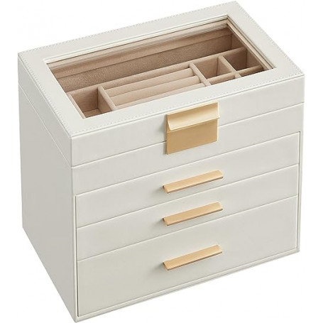 Smyckeskrin 4 Skikt med Glaslock - Vit 15,3 x 25,1 x 21,5 cm