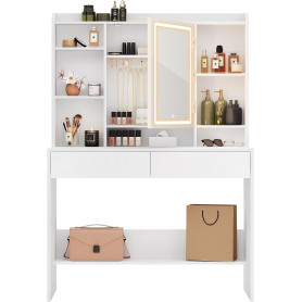 Sminkbord med LED-Belysning Spegel, 2 Lådor, Flera Fack