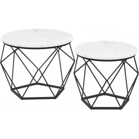 Runda Soffbord, Set med 2 Sidobord Marmor effekt - Svart Vit