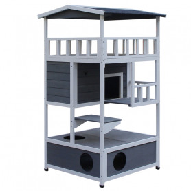 Katthus utomhus 4 våningar med trappor & grottor 75,5×75×137 cm grå...