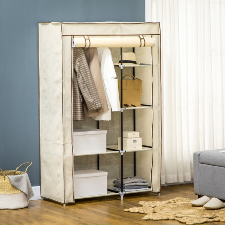 Tygskåp Garderob Klädstång, 6 hyllor Beige 103 x 43 x 163 cm