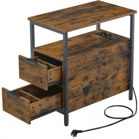 Sidobord, Sängbord med Inbyggd Eluttag, USB-laddare, 2 Lådor