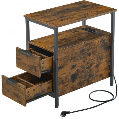 Sidobord, Sängbord med Inbyggd Eluttag, USB-laddare, 2 Lådor