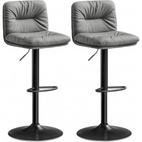 Barstol x2 Set Grå Läder med Ryggstöd Höjdjusterbar 62,5 - 83,5 cm