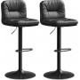 Barstol x2 Set Svart Läder med Ryggstöd Höjdjusterbar 62,5 - 83,5 cm