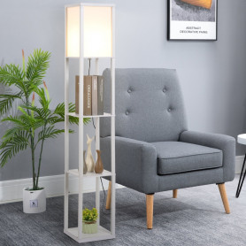 Golvlampa vit 160 cm med 3 hyllplan Trä & tygskärm E27 max 40W mode...
