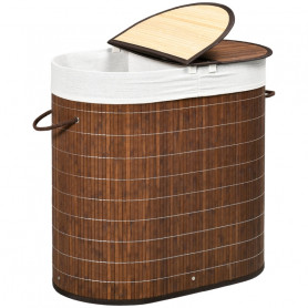 Tvättkorg med 2 Fack och Avtagbar Påse 100L Bambu Brun