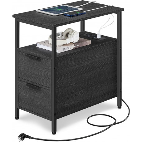 Sidobord, Sängbord med Inbyggd eluttag, USB, 2 Lådor Svart 35 x 60 x 61 cm