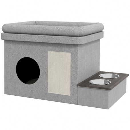 Katthus Matplats 2 Rostfria Skålar Repmatta Mjuk Dyna 78x48x49.5cm Grå