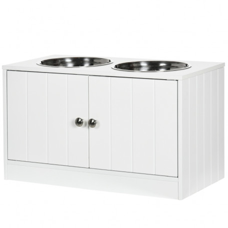 Hundmatningsstation med 2 Rostfria Skålar, Skåpsfack 44L, Magnetdörrar, Vit, 60x30x35,5 cm