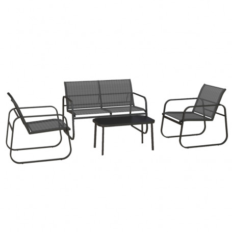 Utegrupp 4 Personer, 2 Fåtöljer + 2-sits Soffa + Bord med Glasskiva, Mesh Metall Svart