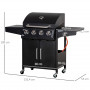 Gasolgrill 4 Brännare + 1 Sidobrännare Svart med Hjul 132,4 cm x 55...