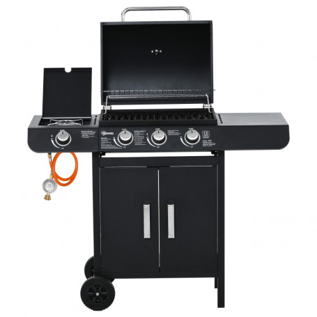 Gasolgrill 3 Huvudbrännare + 1 Sidobrännare, hylla, rostfritt stål, svart, 110 x 50 x 100 cm