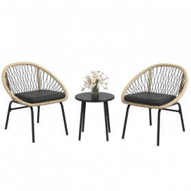 Ute Caféset 2 Fåtöljer + Bord, Rotting / Svart