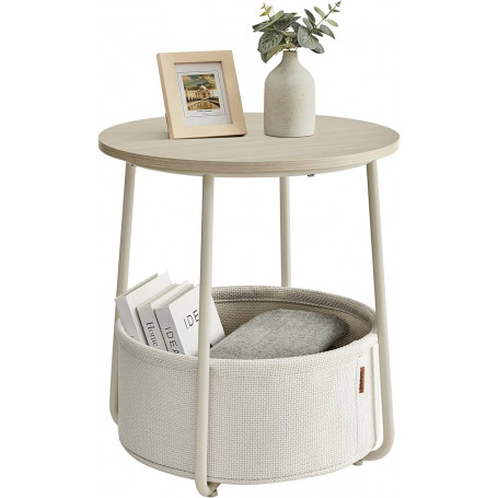 Sidobord - Sängbord Rund med Tygkorg 50 cm - Krämvit