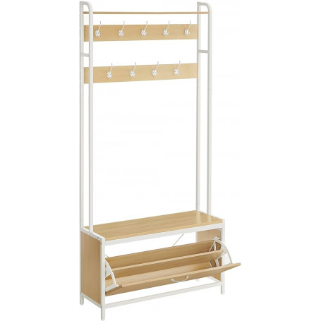 Klädhängare 4-i-1 med Hatthylla, Sittbänk, och Skoförvaring , Ek/Vit ‎85 x 30 x 180 cm