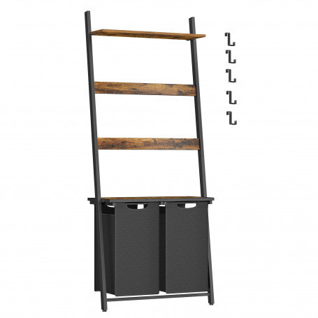 Tvättkorg Ställ med 2 Korgar, Handdukstork, 5 Krokar, 2 Hyllor Vintage brun