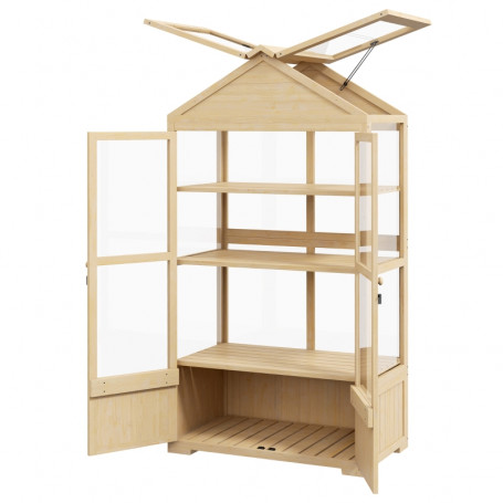 Växthus trä gran med 3 justerbara hyllor & dubbeldörrar transparent...