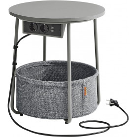 Sidobord Rund med Inbyggd Eluttag, USB-laddare och Tygkorg 45 cm - Grå