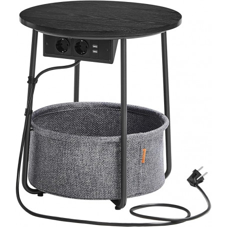 Sidobord Rund med Inbyggd Eluttag, USB-laddare och Tygkorg 45 cm - Svart/Grå