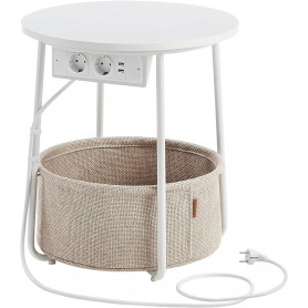 Sidobord Rund med Inbyggd Eluttag, USB-laddare och Tygkorg 45 cm - ...