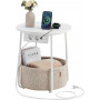 Sidobord Rund med Inbyggd Eluttag, USB-laddare och Tygkorg 45 cm - Vit/Beige