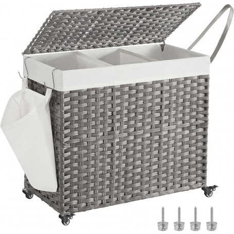 Tvättkorg med 3 Fack 160 L Rullbar 70 x 36 x 66 cm Grå