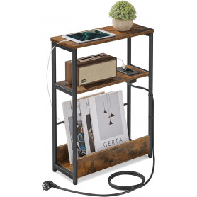 Tunn Sidobord, Sängbord med Inbyggt Eluttag Vintage brun